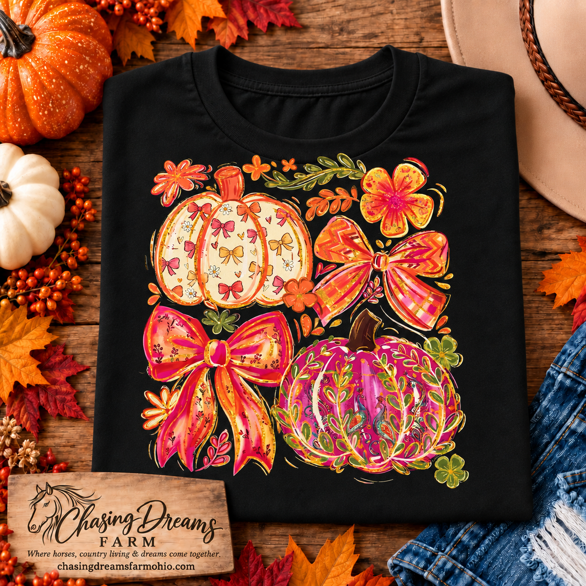 Colorful Pumpkins and Bows Fall Graphic T-Shirt