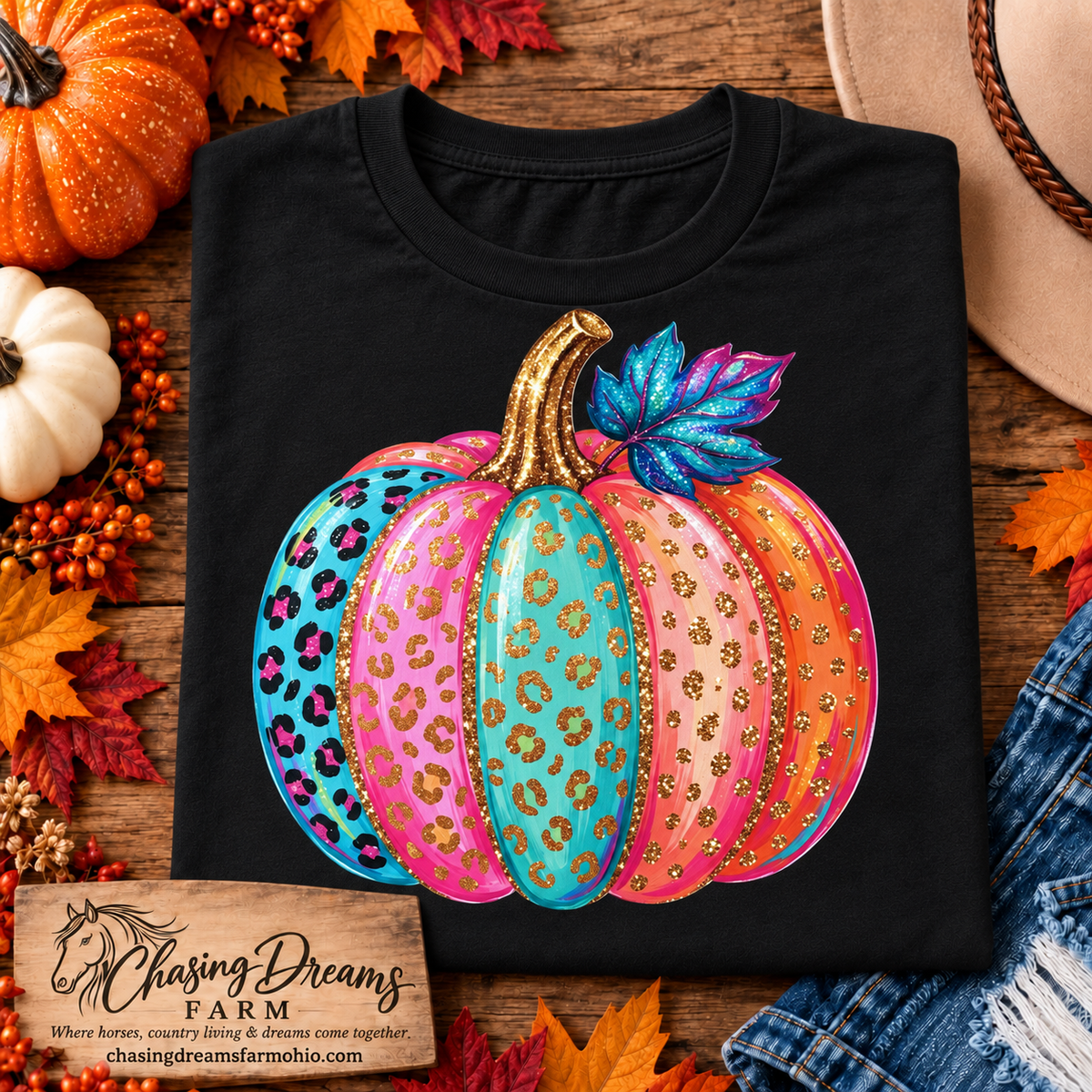 Colorful Leopard-Print Pumpkin Graphic T-Shirt